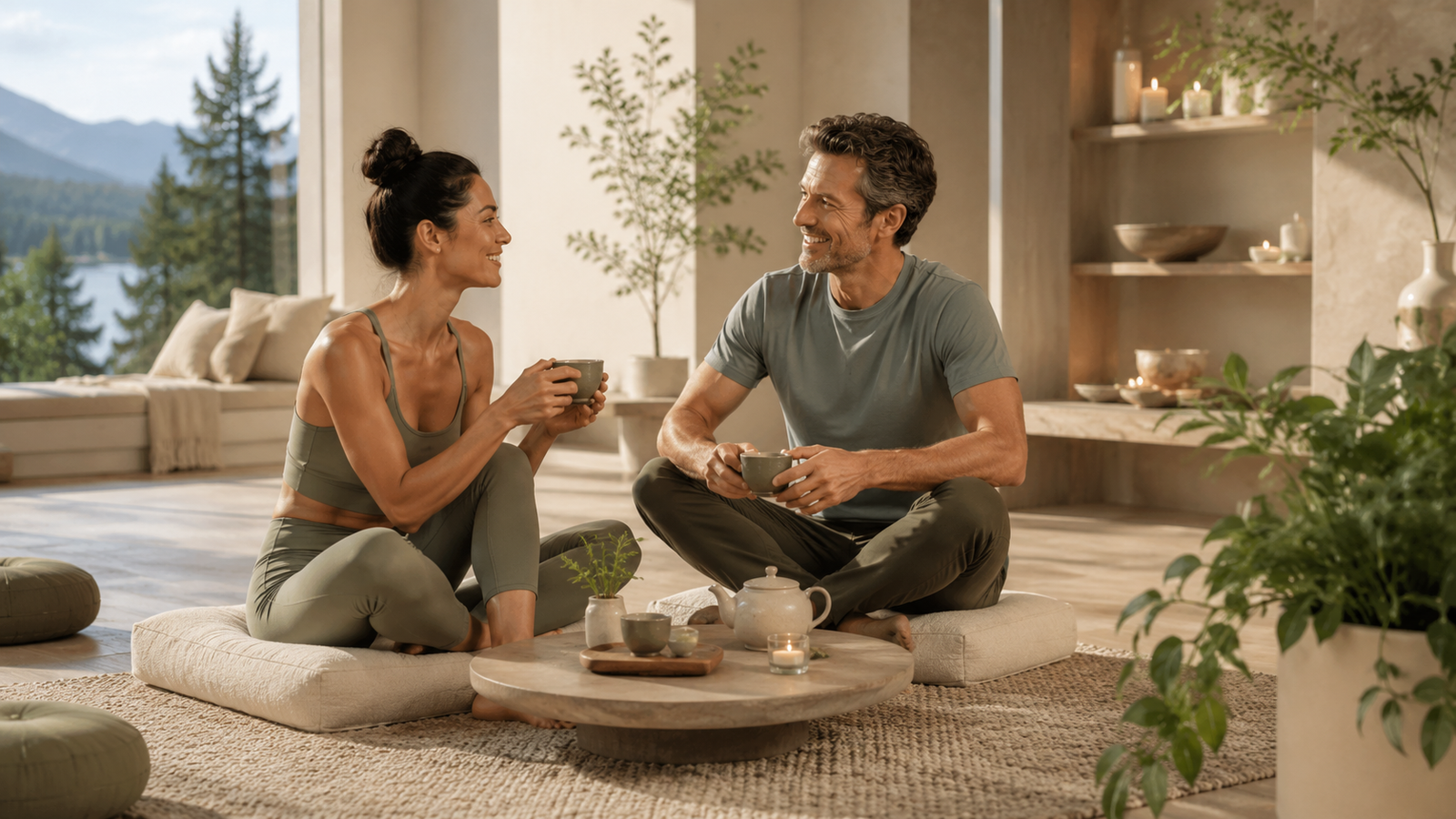 Mindful tea conversation in a calm wellness space